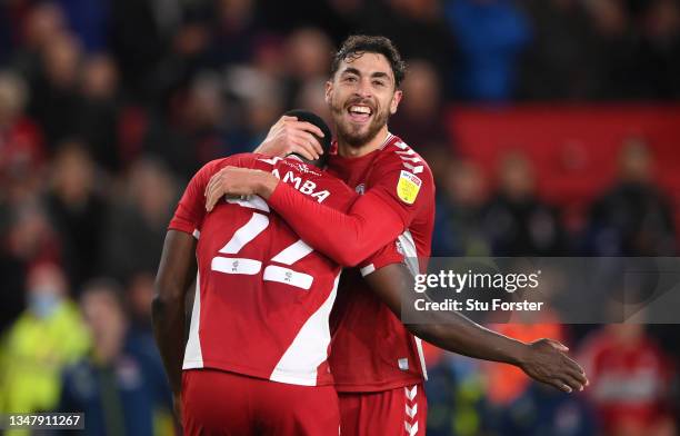 Sol Bamba and Matt Crooks celebrate the second Boro goal during the Sky Bet Championship match between Middlesbrough and Barnsley at Riverside...