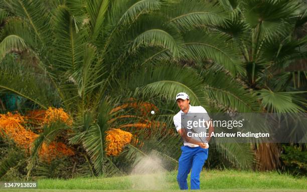 Benjamin Herbert of France plays his third shot out of the 18th greenside bunker during the first round of the Mallorca Open at Golf Santa Ponsa on...