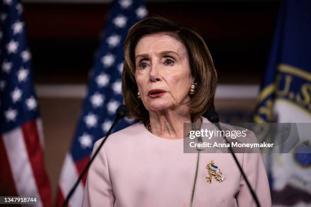 House Speaker Nancy Pelosi speaks at her weekly press conference at the U.S. Capitol Building on October 21, 2021 in Washington, DC. Speaker Pelosi...