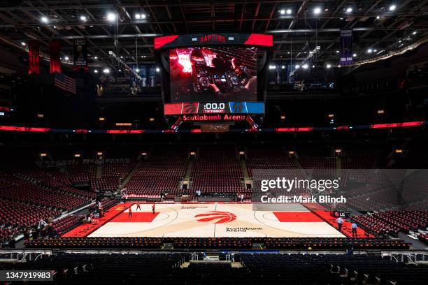 An overview of the court is seen at Scotiabank Arena before the Toronto Raptors play the Washington Wizards on October 20, 2021 in Toronto, Canada....