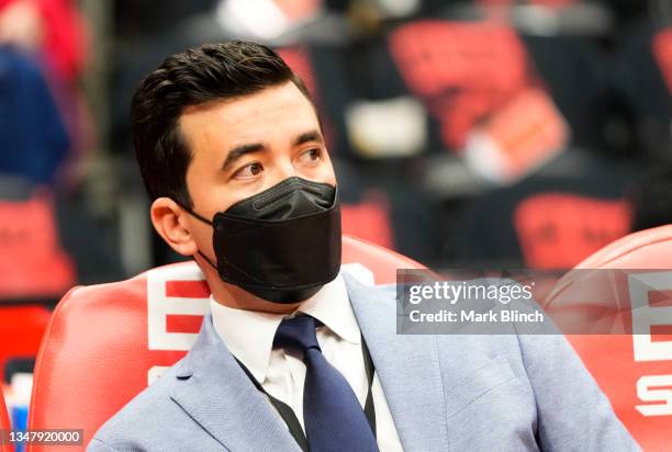 Bobby Webster general manager of the Toronto Raptors looks on before his team plays the Washington Wizards during a basketball game at Scotiabank...