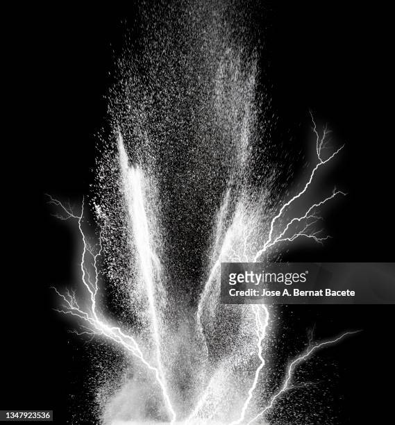 electric explosion of smoke and fire with lightning on a black background - volcano illustration stock pictures, royalty-free photos & images