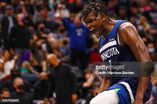 Anthony Edwards of the Minnesota Timberwolves during the game against the Houston Rockets at Target Center on October 20, 2021 in Minneapolis,...