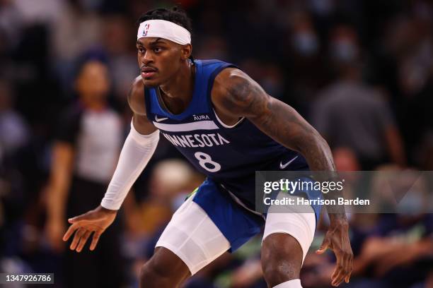 Jarred Vanderbilt of the Minnesota Timberwolves during the game against the Houston Rockets at Target Center on October 20, 2021 in Minneapolis,...