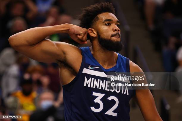 Karl-Anthony Towns of the Minnesota Timberwolves during the game against the Houston Rockets at Target Center on October 20, 2021 in Minneapolis,...