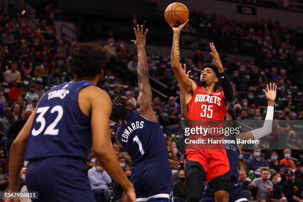 Christian Wood of the Houston Rockets during the game against the Minnesota Timberwolves at Target Center on October 20, 2021 in Minneapolis,...