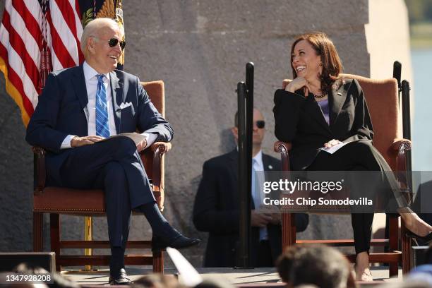 President Joe Biden and Vice President Kamala Harris attend the 10th-anniversary celebration of the Martin Luther King, Jr. Memorial near the Tidal...