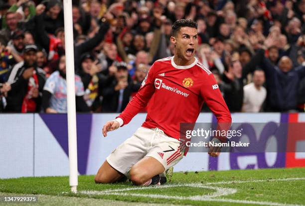 Cristiano Ronaldo of Manchester United celebrates after scoring their side's third goal during the UEFA Champions League group F match between...