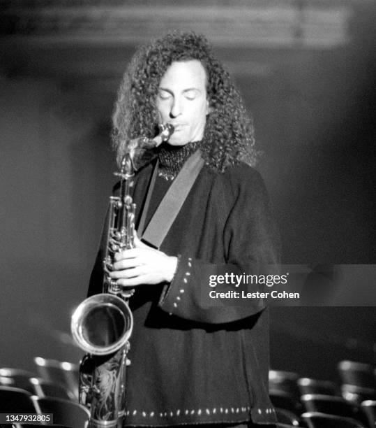 American smooth jazz saxophonist Kenny G performs on stage prior to a concert on October 29, 1994 at the Arrowhead Pond of Anaheim in Anaheim,...