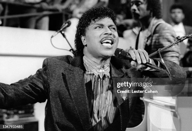 American musician, singer, and songwriter Little Richard plays his piano on stage during the RNR Evening News on November 20, 1989 in Los Angeles,...