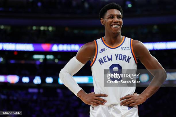 Barrett of the New York Knicks smiles during the second half against the Boston Celtics at Madison Square Garden on October 20, 2021 in New York...
