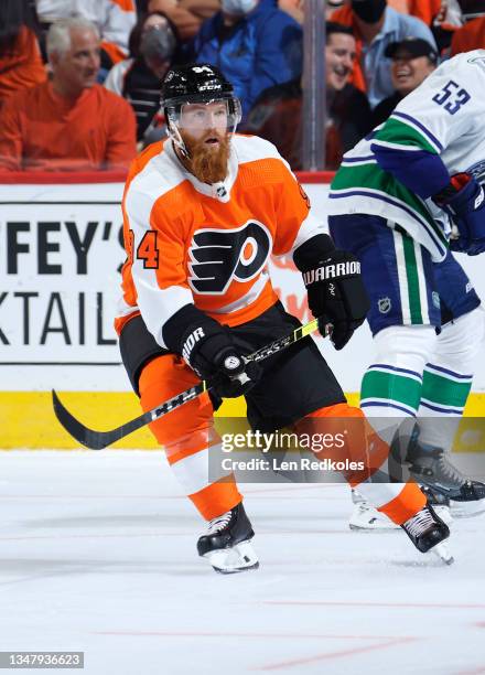 Ryan Ellis of the Philadelphia Flyers skates back on defense against the Vancouver Canucks at the Wells Fargo Center on October 15, 2021 in...