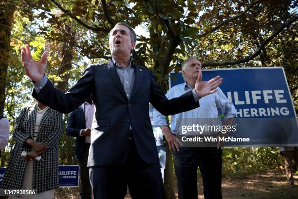 VIrginia Gov. Ralph Northam campaigns with former Virginia Gov. Terry McAuliffe during a campaign event where Northam voted October 21, 2021 in...