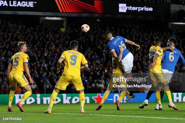 Leon Balogun of Rangers scores their side's first goal during the UEFA Europa League group A match between Rangers FC and Brondby IF at Ibrox Stadium...