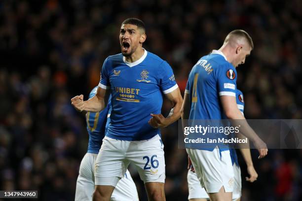 Leon Balogun of Rangers celebrates after scoring their sides first goal during the UEFA Europa League group A match between Rangers FC and Brondby IF...