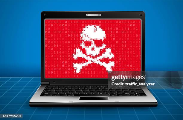 ilustraciones, imágenes clip art, dibujos animados e iconos de stock de portátil con calavera - ransomware