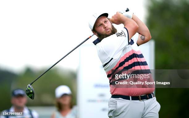 Andrew Johnston of England tees off during Day One of Mallorca Golf Open at Golf Santa Ponsa on October 21, 2021 in Mallorca, Spain.