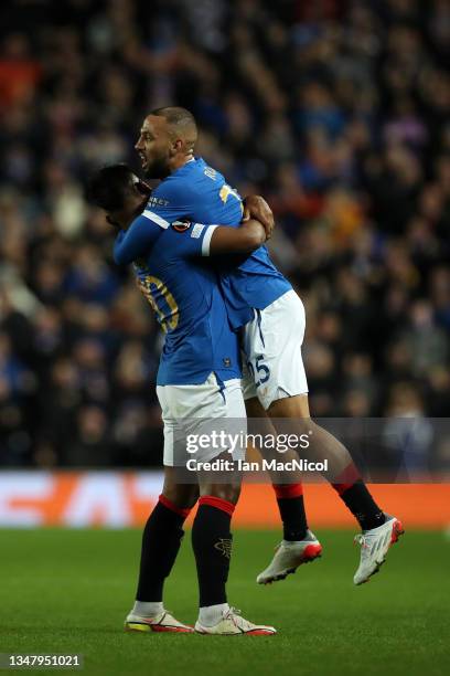 Kemar Roofe of Rangers celebrates with team mate Alfredo Morelos after scoring their sides second goal during the UEFA Europa League group A match...