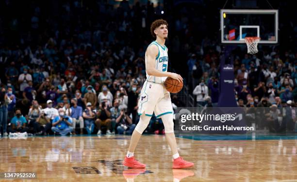 LaMelo Ball of the Charlotte Hornets walks to the free throw line during their game against the Indiana Pacers at Spectrum Center on October 20, 2021...