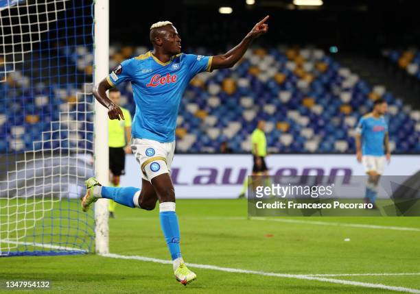 Victor Osimhen of SSC Napoli celebrates after scoring their sides second goal during the UEFA Europa League group C match between SSC Napoli and...