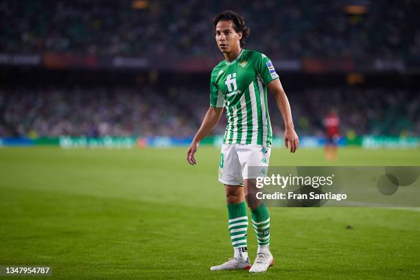Diego Lainez of Real Betis looks on during the UEFA Europa League group G match between Real Betis and Bayer Leverkusen at Estadio Benito Villamarin...