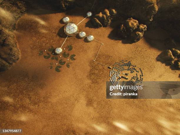 aerial view of an exoplanet base - military base buildings stock pictures, royalty-free photos & images