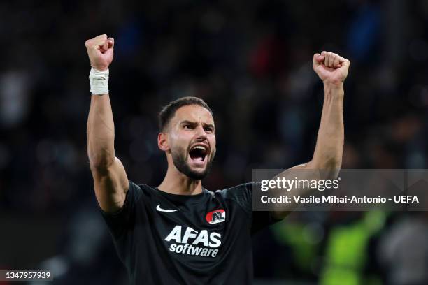 Pantelis Hatzidiakos of AZ Alkmaar celebrates after victory in the UEFA Europa Conference League group D match between CFR Cluj and AZ Alkmaar at...