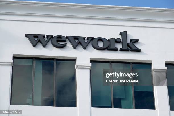 WeWork office building is seen as the company debuts on the New York Stock Exchange on October 21, 2021 in Coral Gables, Florida. WeWork Inc. Shares...