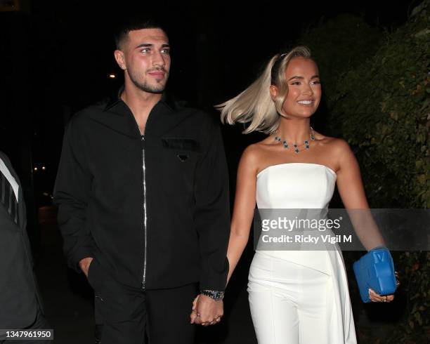 Tommy Fury and Molly-Mae seen attending Beauty Works x Molly-Mae - Christmas product launch party at One Marylebone on October 21, 2021 in London,...
