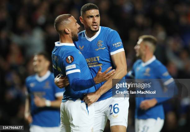 Leon Balogun of Rangers celebrates with team mate Alfredo Morelos after scoring their sides first goal during the UEFA Europa League group A match...