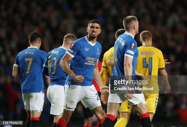 Leon Balogun of Rangers celebrates with team mate Alfredo Morelos after scoring their sides first goal during the UEFA Europa League group A match...