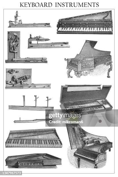 old engraved illustration of musical keyboard instruments - falling piano stock pictures, royalty-free photos & images