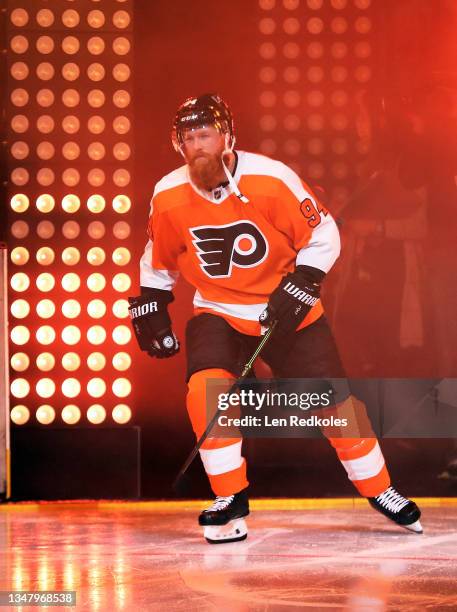 Ryan Ellis of the Philadelphia Flyers enters the ice surface during pregame opening-night ceremonies prior to his game against the Vancouver Canucks...