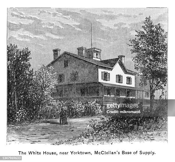 old engraved illustration of the white house (plantation), near yorktown, mcclellan's base of supply - thomas lee virginia colonist stock pictures, royalty-free photos & images