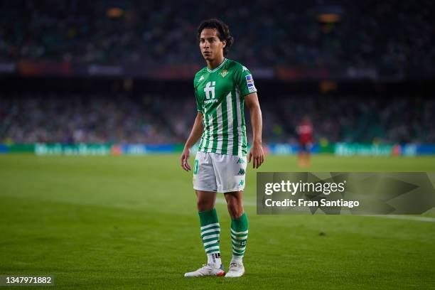 Diego Lainez of Real Betis looks on during the UEFA Europa League group G match between Real Betis and Bayer Leverkusen at Estadio Benito Villamarin...