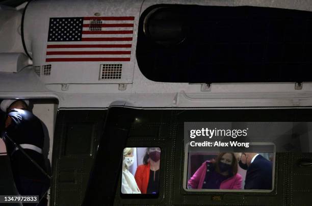 President Joe Biden, White House Press Secretary Jen Psaki, White House Communications Director Kate Bedingfield, and first lady Jill Biden wait for...