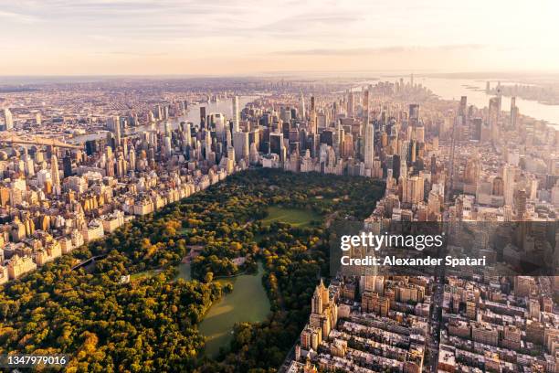 aerial view of new york city skyline with central park and manhattan, usa - north america skyline stock pictures, royalty-free photos & images