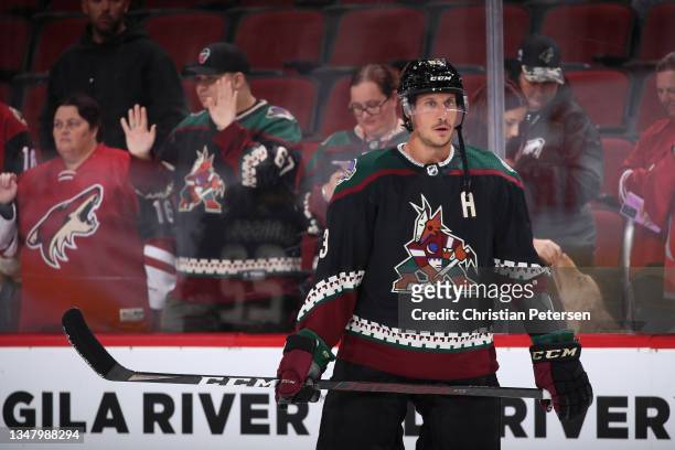 Jay Beagle of the Arizona Coyotes warms up before the NHL game against the Edmonton Oilers at Gila River Arena on October 21, 2021 in Glendale,...