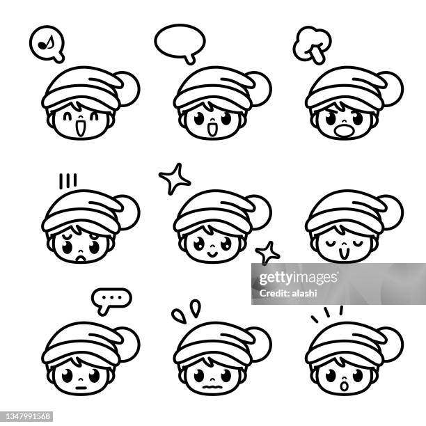 illustrations, cliparts, dessins animés et icônes de ensemble d’icônes de noël d’un garçon mignon portant un chapeau de père noël avec neuf expressions faciales en noir et blanc - christmas angry