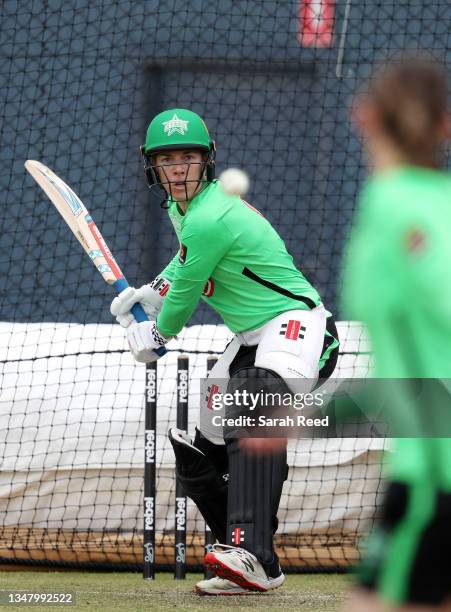 Elyse Villani of the Melbourne Stars in the batting nets at training during a WBBL Media Opportunity on October 22, 2021 in Launceston, Australia.