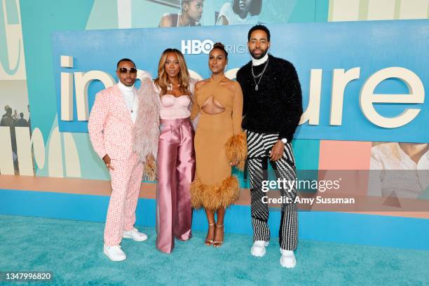 Prentice Penny, Yvonne Orji, Issa Rae, and Jay Ellis attends HBO's final season premiere of "Insecure" at Kenneth Hahn Park on October 21, 2021 in...
