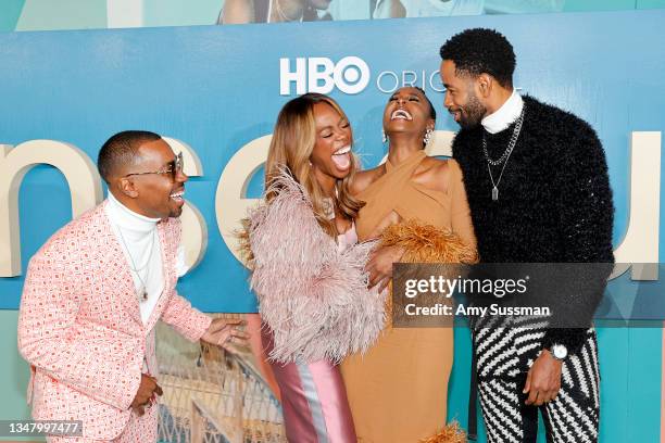 Prentice Penny, Yvonne Orji, Issa Rae, and Jay Ellis attend HBO's final season premiere of "Insecure" at Kenneth Hahn Park on October 21, 2021 in Los...