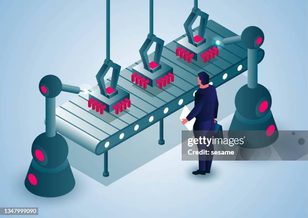 die intelligente produktionslinie von mechanischen chips, geschäftsleute überprüfen die arbeit intelligenter roboter auf der produktionslinie. - elektronische handel stock-grafiken, -clipart, -cartoons und -symbole