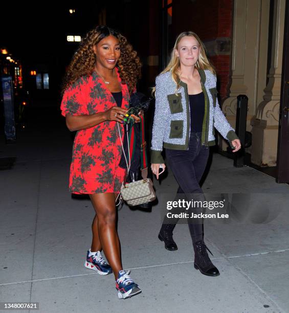Serena Williams and Caroline Wozniacki are seen at at Candace Swanepoel's birthday party at Zero Bond on October 21, 2021 in New York City.