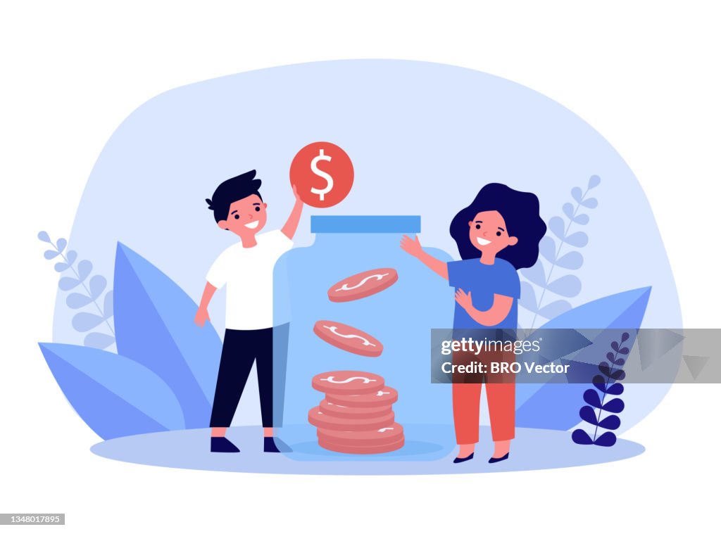 Tiny children saving money in jar bank