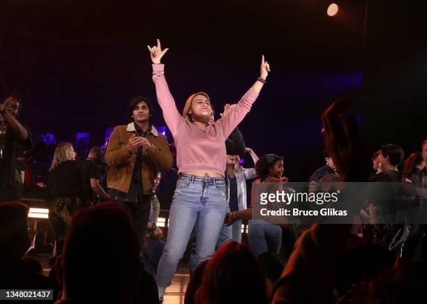 Adi Roy, Kathryn Gallagher and cast during the re-opening night curtain call for the Alanis Morrisette musical "Jagged Little Pill" on Broadway at...
