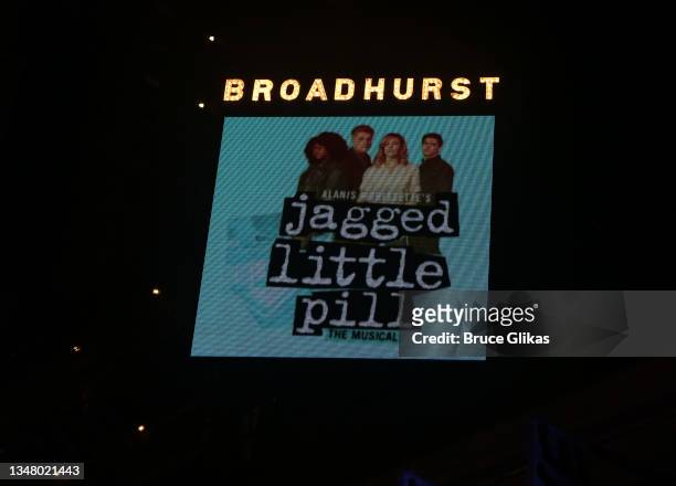 Signage at re-opening night of the Alanis Morrisette musical "Jagged Little Pill" on Broadway at The Broadhurst Theatre on October 21, 2021 in New...