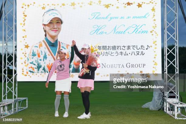 Ha-neul Kim of South Korea is embraced by Bo-mee Lee at her retirement ceremony following the second round of the Nobuta Group Masters GC Ladies at...