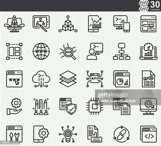 bildbanksillustrationer, clip art samt tecknat material och ikoner med web development , seo , api , web design , data  analyzing , coding line icons - carry on bag