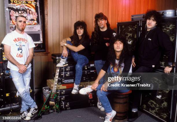 Anthrax, group portrait in New York City in 1989. L-R Scott Ian, Dan Spitz, Frank Bello, Joey Belladonna, Charlie Benante.